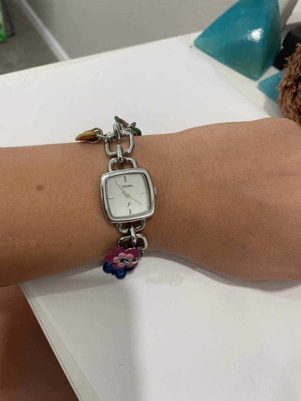 Fossil Silver Chain Bracelet Watch with Colorful Flower Charms